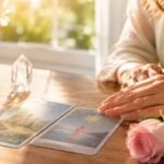 Cartas de lectura, rosa y cuarzo sobre una mesa luminosa, simbolizando la claridad y la verdad en las consultas de amor y relaciones con Elsa Rubio.