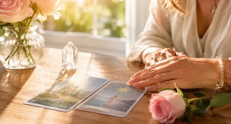Amarres de amor y recuperar a un ex: Lo que nadie se atreve a contarte 6 Cartas de lectura, rosa y cuarzo sobre una mesa luminosa, simbolizando la claridad y la verdad en las consultas de amor y relaciones con Elsa Rubio.