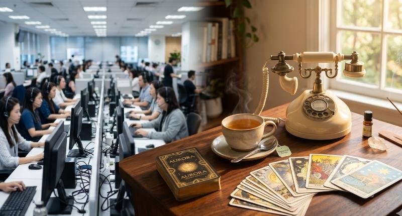 El negocio de las centralitas: La verdad sobre los programas de tarot de madrugada 6 Contraste entre una fría centralita de televisión y el espacio cálido, personal y de confianza de la vidente Elsa Rubio.