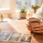 Vidente reconocida en España: Cómo elegir sin caer en engaños 4 Mesa elegante y luminosa con cartas de lectura, representando la confianza y el trato personal de Elsa Rubio como vidente reconocida en España sin gabinete.